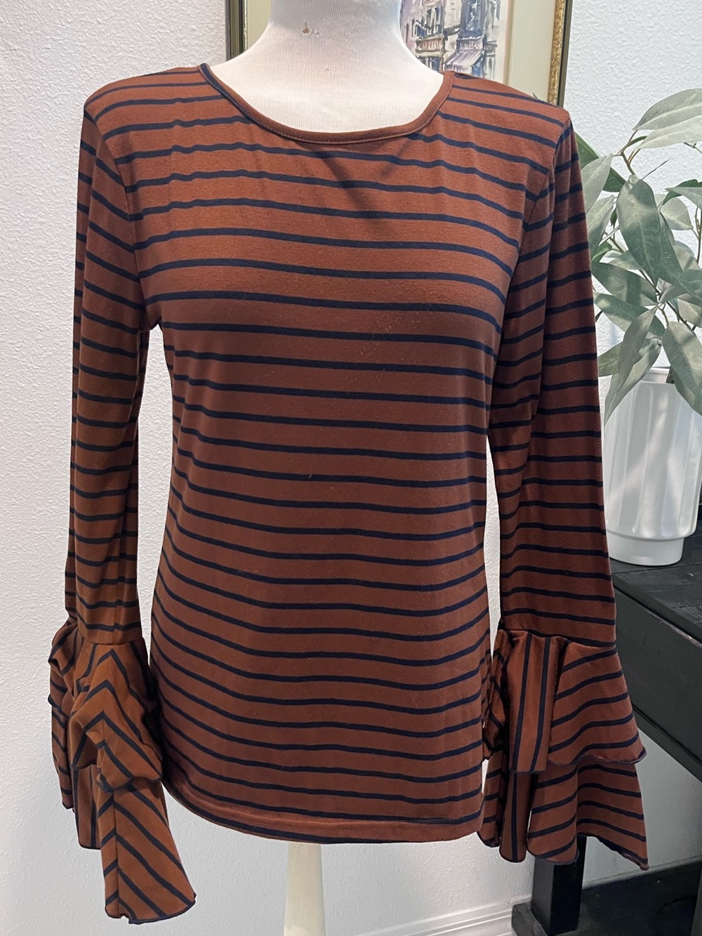 AndTheWhy Boho Double Bell Striped Long Sleeve Tee in Rust and Navy